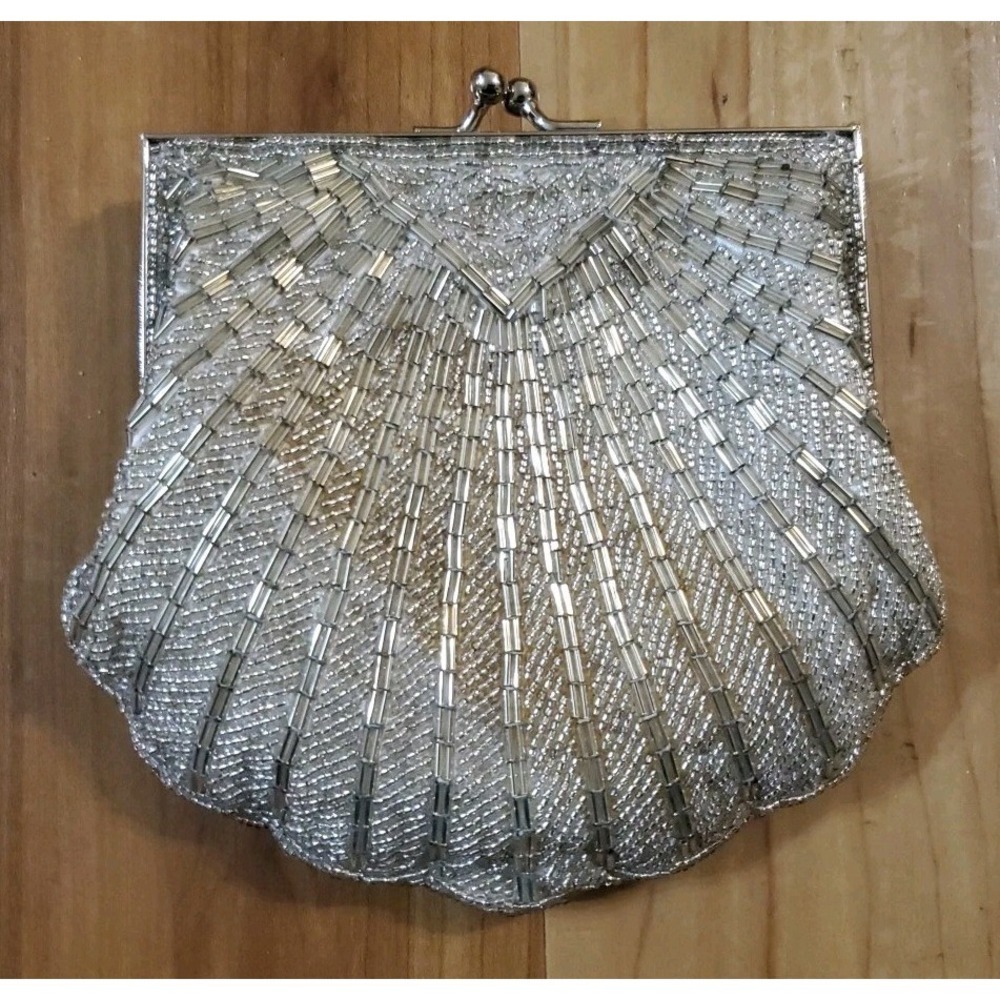 Silver Beaded Evening Clutch Purse Bag Crossbody Kiss Lock Retro Art Deco Style - Picture 8 of 8
